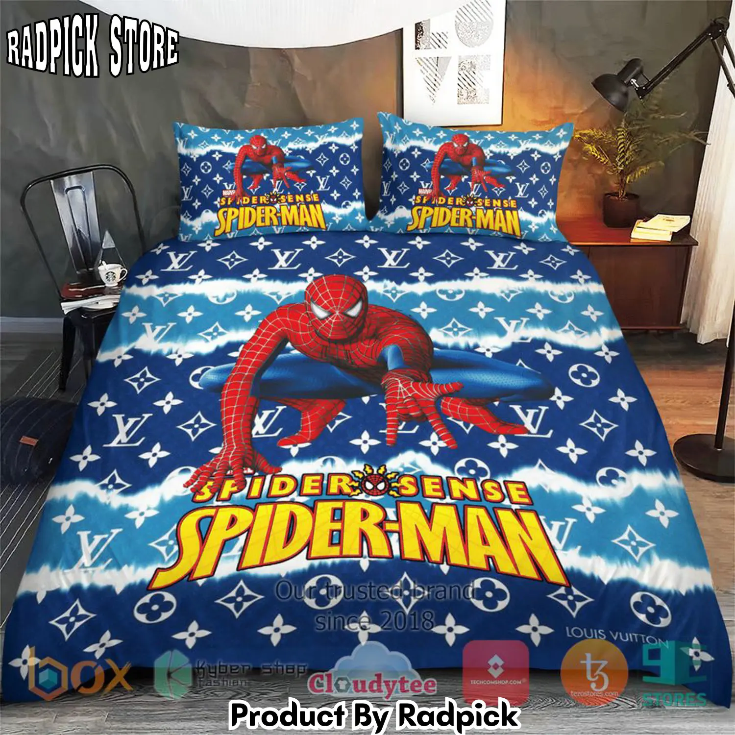 Radpick spider man louis vuitton blue pattern bedding set rp3272095